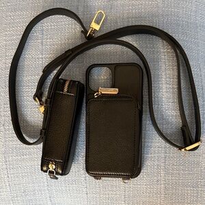 Black Leather iPhone 13 Wallet Case with Removable Strap, Lipstick Case